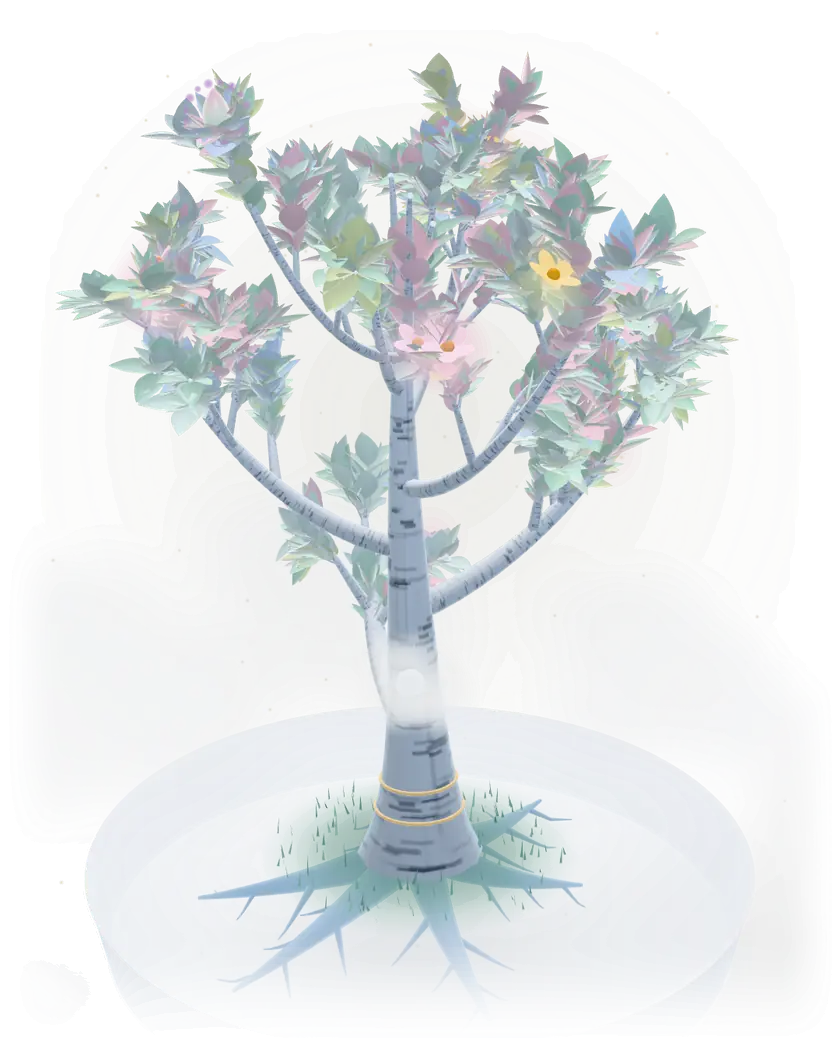 A life tree in the “Hoarfrost” look: pale birch bark, lots of leaves, blossoms, a bud and two annual rings in the trunk